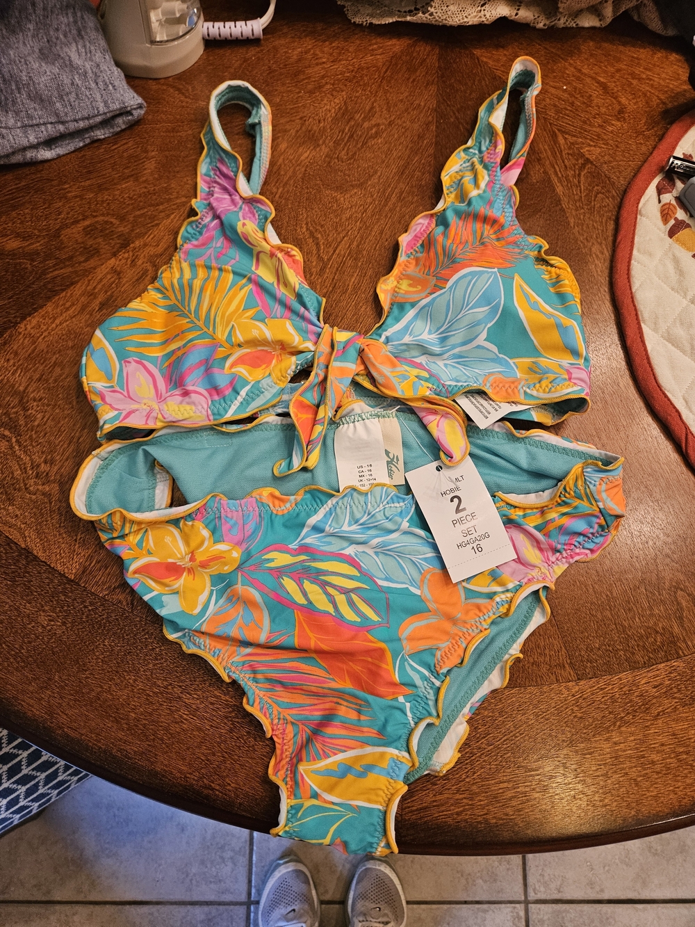 Hobie Girls' Tropical Floral Bikini Set - Teal, Yellow, Pink, Orange